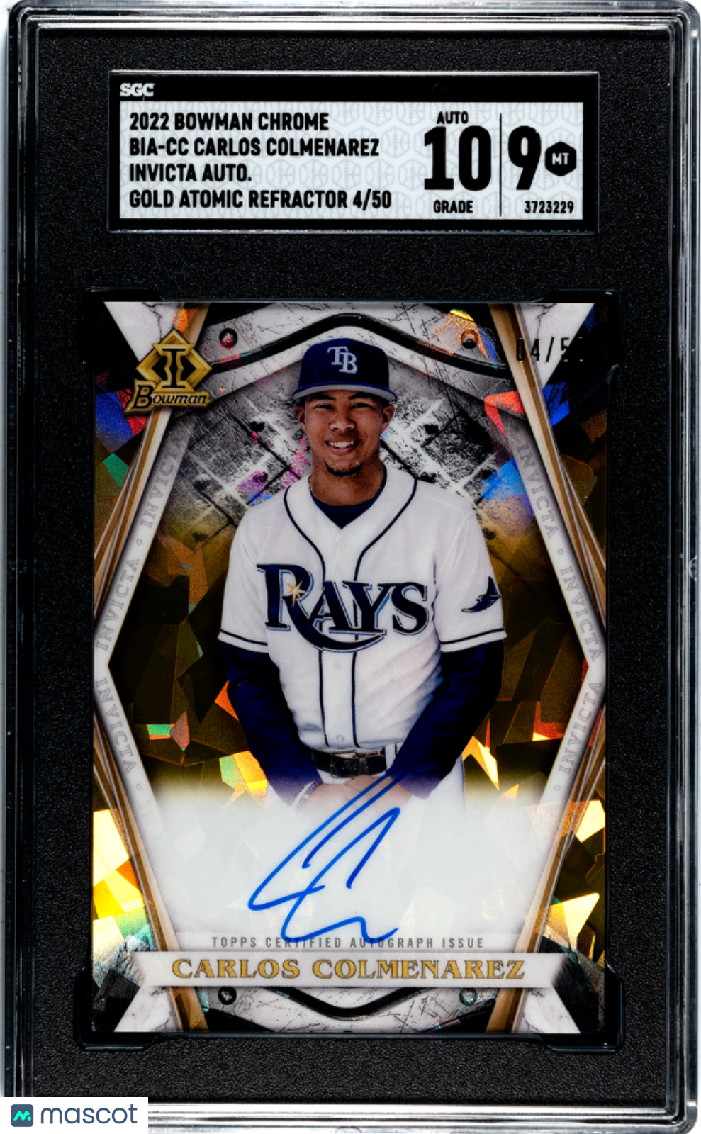 2022 Bowman Chrome Carlos Colmenarez Invicta, Auto Gold Atomic Refractor SGC 9